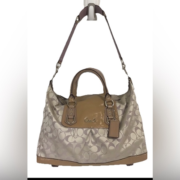 Coach Ashley Signature Satchel Shoulder Bag Satin Jacquard Tan Lilac EUC - Picture 1 of 16